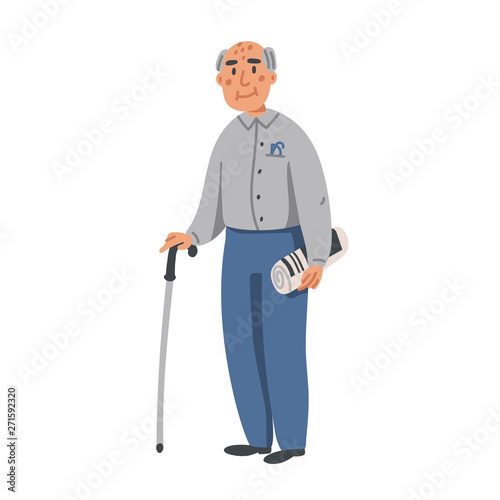 Elderly man. Old man character with walking stick and newspaper on white background. Nursing home. Senior man flat Vector illustration.