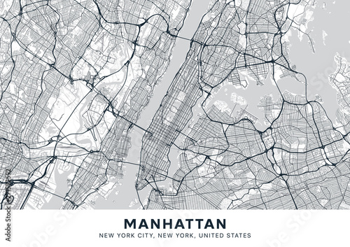 Manhattan map. Light poster with map of Manhattan borough (New York, United States). Highly detailed map of Manhattan with water objects, roads, railways, etc. Printable poster.