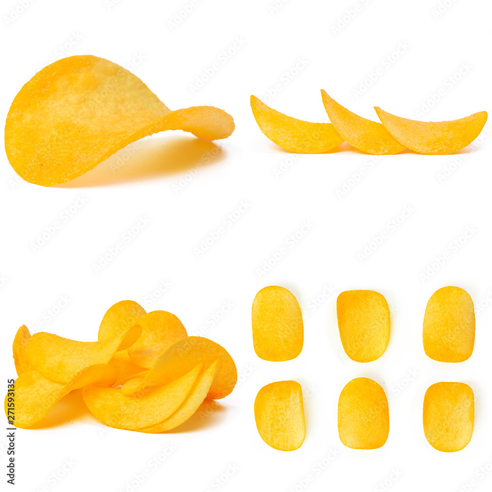 Set of potato chips close-up on an isolated white background Set of potato chips close-up on an isolated white background