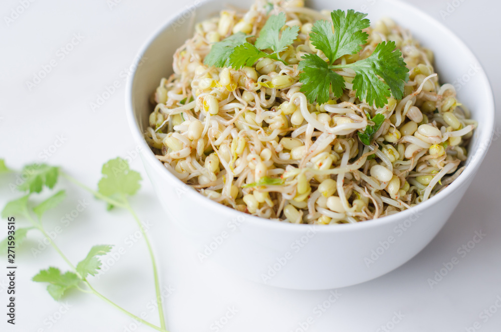 mung beans salad on white background, in a white deep plate mung beans salad on white background, in a white deep plate