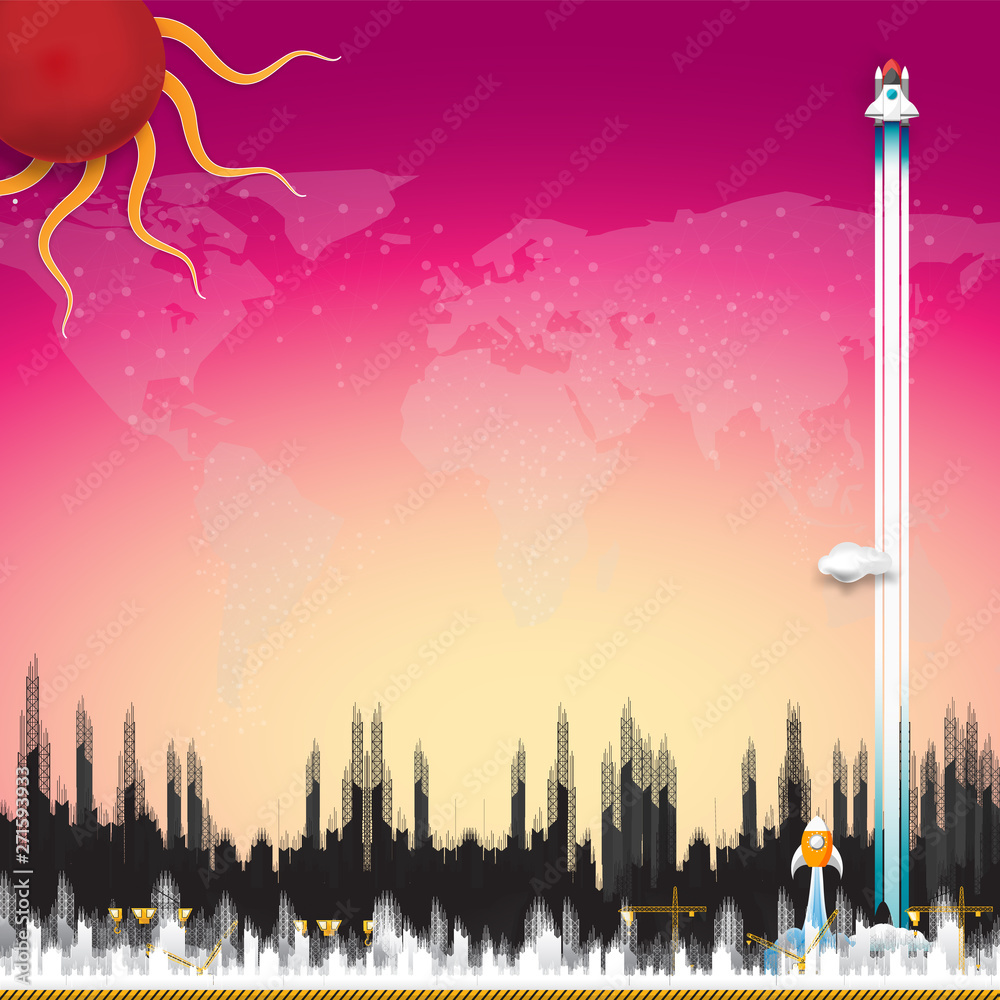 Fototapeta premium Construction building with spaceship on pink map