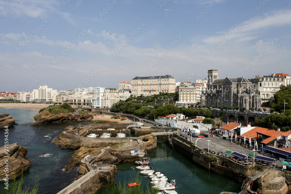 Beautiful view on Biarritz, France. Top view on tiny French city. Atlantic ocean trip