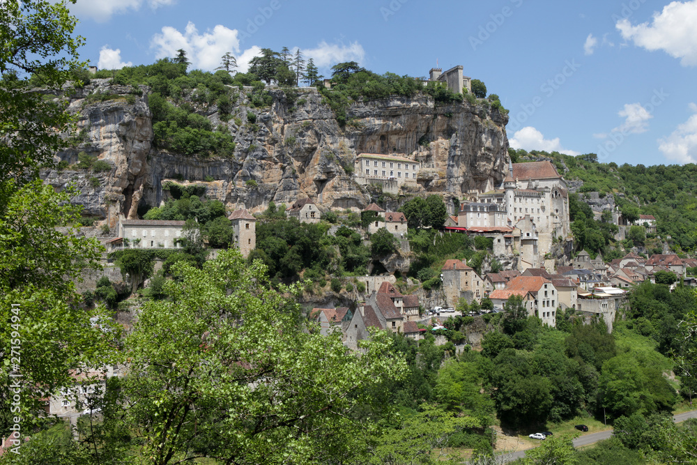 Beautiful view on a France medieval village in mountains. Romantic countryside in the heart of France.