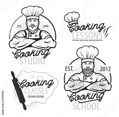 Cooking vintage logo. Cooking Class template logo with Chef. Modern design poster. Label, badge, poster for food studio, cooking courses, culinary school. Vector illustration.