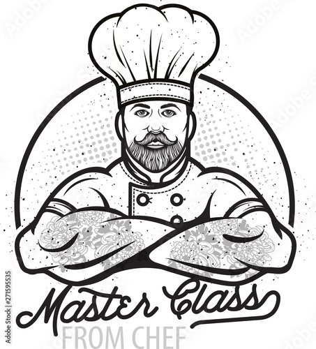 Cooking vintage logo. Cooking Class template logo with Chef. Modern design poster. Label, badge, poster for food studio, cooking courses, culinary school. Vector illustration.