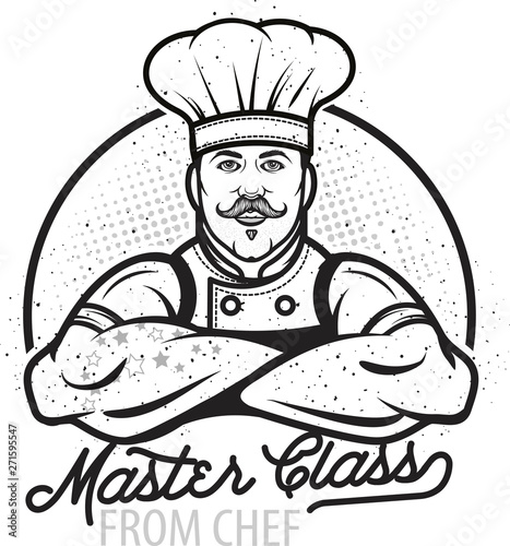 Cooking vintage logo. Cooking Class template logo with Chef. Modern design poster. Label, badge, poster for food studio, cooking courses, culinary school. Vector illustration.