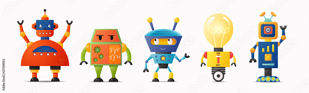 Set of cute vector robot characters for kids - obrazy, fototapety, plakaty 