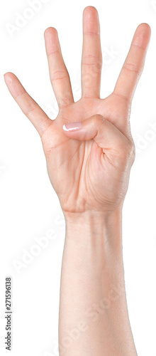 Female hand isolated on white background. White woman's hand showing symbols and gestures
