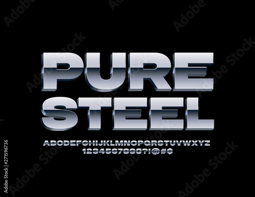 Vector Pure Steel Alphabet set. Metallic reflective Font. Chrome Alphabet Letters, Numbers and Symbols 