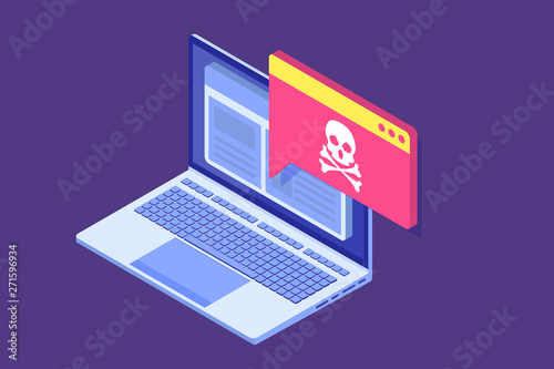 Laptop virus malware trojan notification or alert. Hacker attack vector concept.