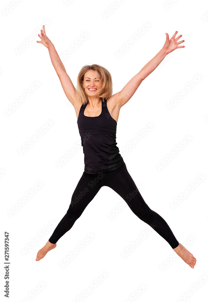 happy sporty blonde woman jumped up, jump for the joy of victory