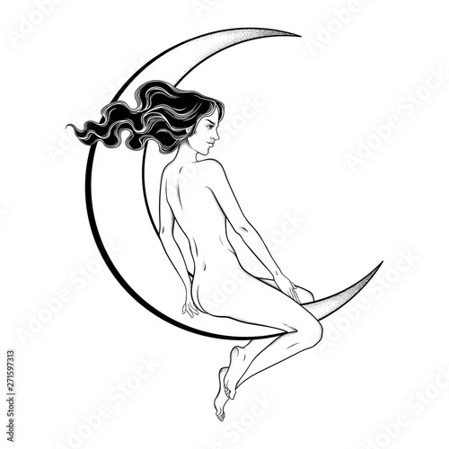 Beautiful witch girl girl sitting on the moon hand drawn line art vector illustration. Boho chic tattoo, poster, tapestry or altar veil print design vector illustration.