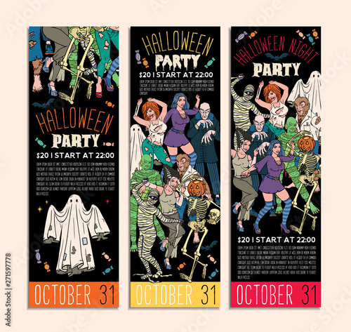 Halloween Costume Party Invitation Flyers. Vector Illustration.