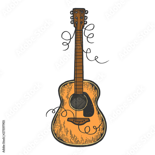 Guitar with torn strings color sketch engraving vector illustration. Scratch board style imitation. Black and white hand drawn image.