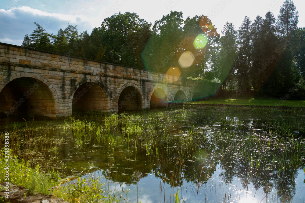 ancient stone bridge over overgrown pond withlens flares