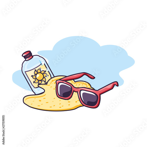 solar blocker bottle in the beach with sunglasses