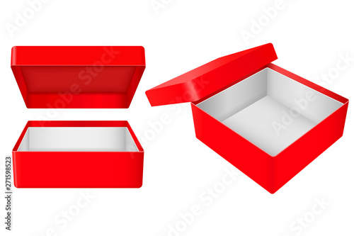Red open gift box. Realistic carton mock up. Vector illustration