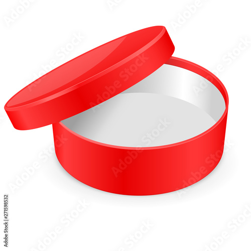 Round red hat box. Open empty carton. Vector illustration
