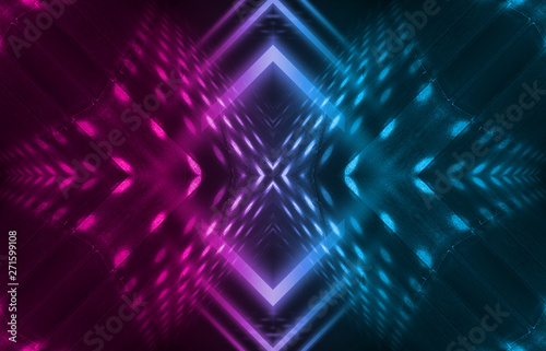 Dark abstract futuristic background. Neon lines  glow. Neon lines  shapes. Pink and blue glow