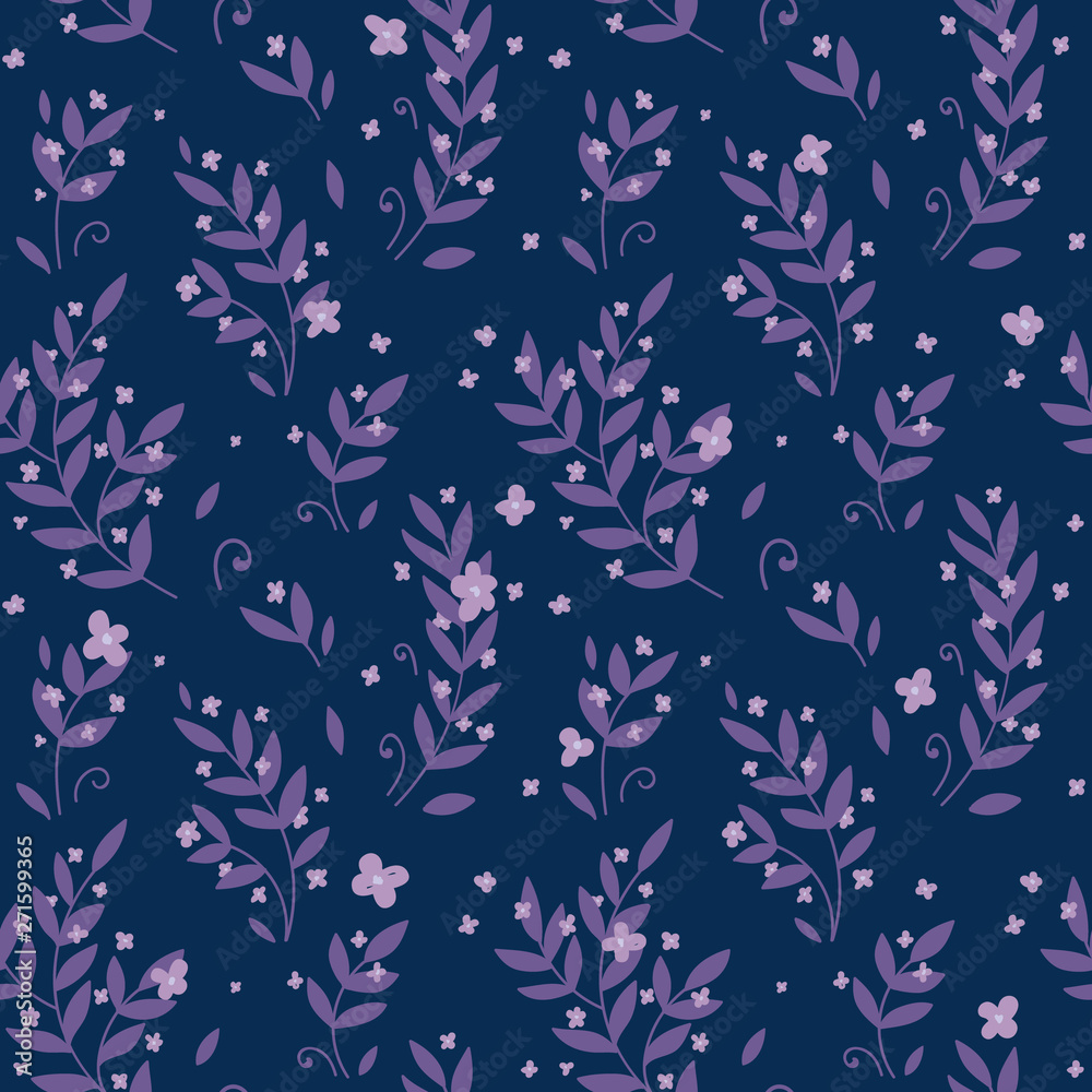 Seamless pattern background, dark blue purple background, pink magical leaves and flowers Seamless pattern background, dark blue purple background, pink magical leaves and flowers
