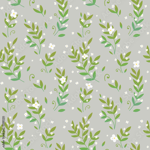 Seamless pattern background, gray background, green leaves and white flowers