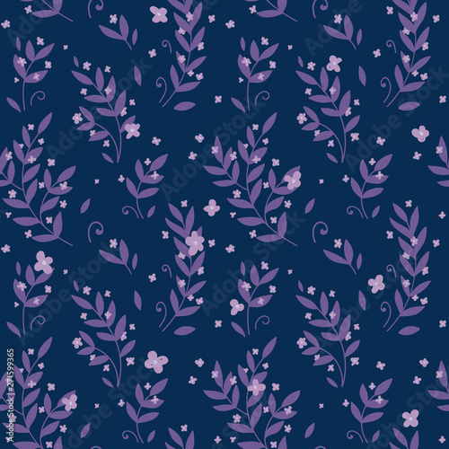 Seamless pattern background, dark blue purple background, pink magical leaves and flowers