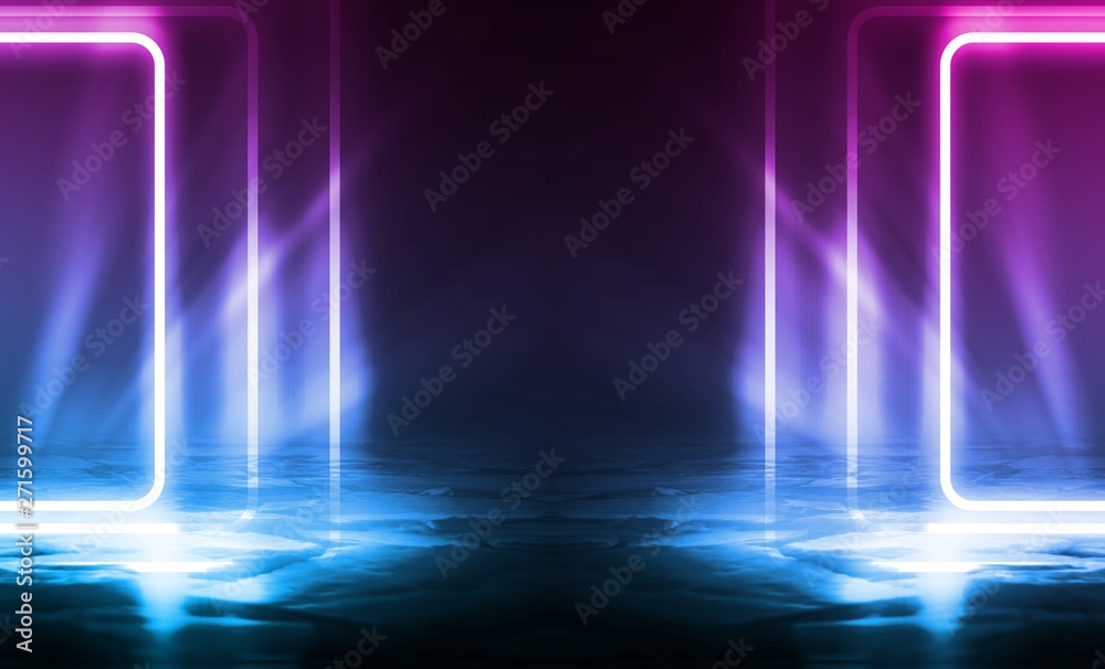 Fototapeta premium Background of an empty disco scene. Neon square figure in the center of the scene. Neon light smoke. Dark abstract futuristic background