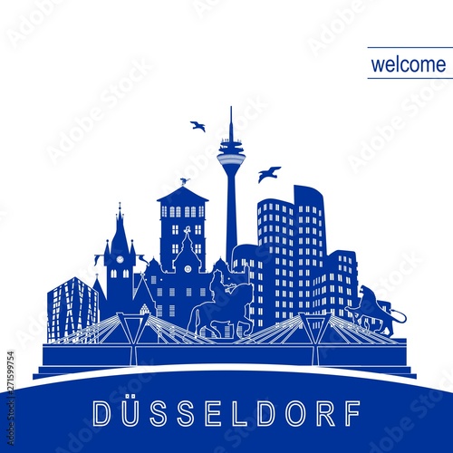Düsseldorf  Deutschland  Europa  Blau weiß Stadt  Bauwerke  Silhouette  Architektur  Abbildung  Ort  Bild  Ortsbild  Städtisch  Blau  Geschäftlich  Stadtbild  Silhouetten  Struktur  Design