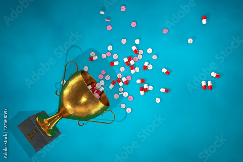 3d illustration: Golden winning cup with pills and stimulants tablet thrown on the floor from the pedestal on blue background. Actual metaphor about doping in sports.
