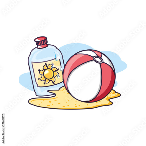 solar blocker bottle in the beach with ball plastic