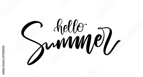 Handwritten calligraphic brush lettering composition of Hello Summer