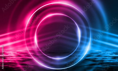 Background of an empty disco scene. Neon figure of a fractal circle in the center of the scene. Neon light smoke. Dark abstract futuristic background