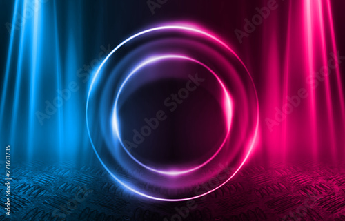 Background of an empty disco scene. Neon figure of a fractal circle in the center of the scene. Neon light smoke. Dark abstract futuristic background