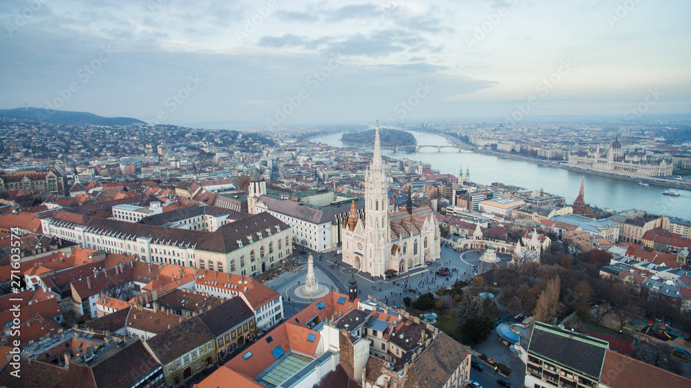 Aerial skyline view of Matthias Church with Danube River and Parliament. Beautiful sunny day at Budapest, Hungary, Europe