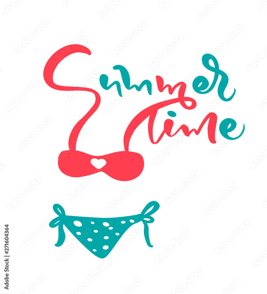 Calligraphic lettering vector text Summer Time title. Beautiful woman's swimsuit. Isolated cartoon illustration for your design