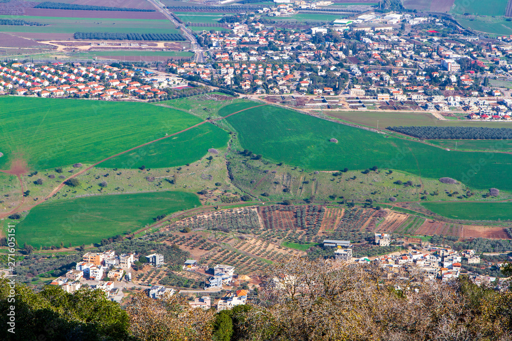 View from Mount Tabor to fields and buildings of Kibbutz Alonim at Israel