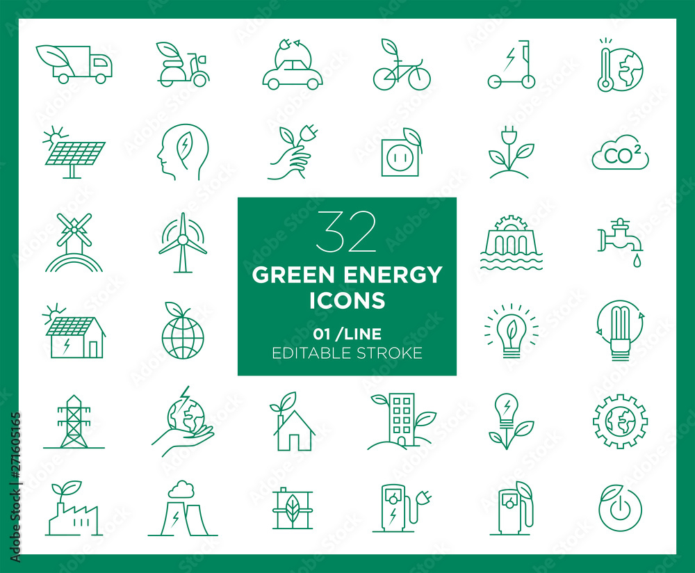 Set of Green Energy icons in line Set of Green Energy icons in line