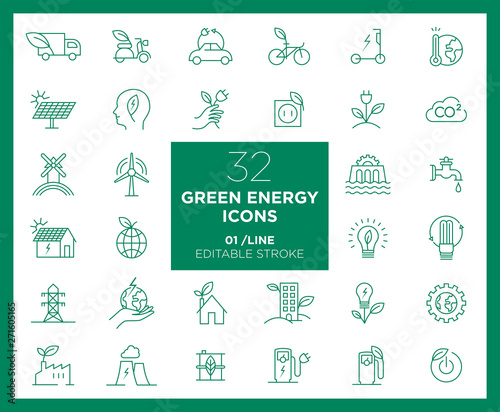 Set of Green Energy icons in line	