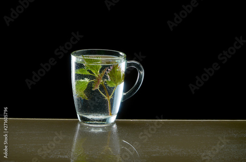 Cup of medicinal nettle tea on black background photo