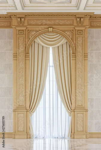 Curtains in a carved niche of wood in a classic style. 3d rendering