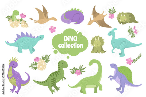 Set of cute dinosaurs isolated on white.