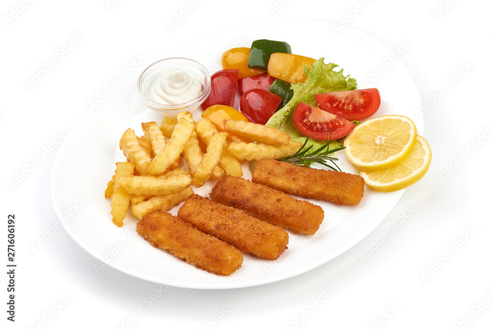 Portion of fried Fish Fingers with French Fries and vegetables, close-up, isolated on white background Portion of fried Fish Fingers with French Fries and vegetables, close-up, isolated on white background
