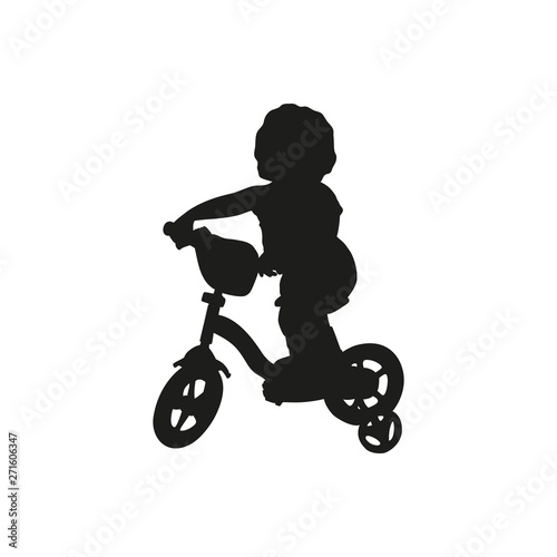 Isolated icon of blak silhouette of child girl on bicycle on white background.