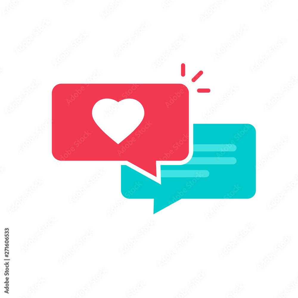Love chat vector icon, flat cartoon chatting bubbles with heart isolated on white symbol, romance online discussion sign clipart