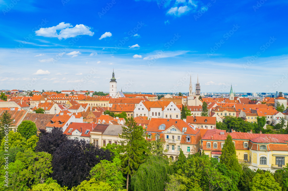 Panoramic view on Upper town and st Mark church tower in Zagreb, Croatia, red roofs of old baroque center