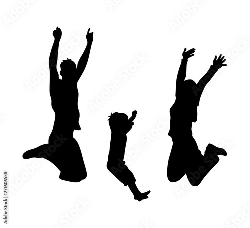 Set of black silhouette of jumping people on white background.