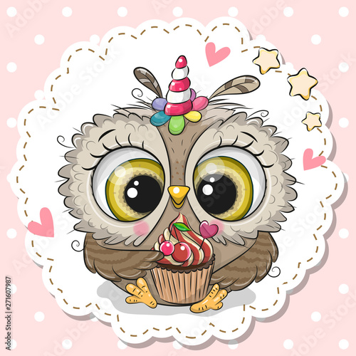 Cartoon Owl with the horn of a unicorn and a cupcake