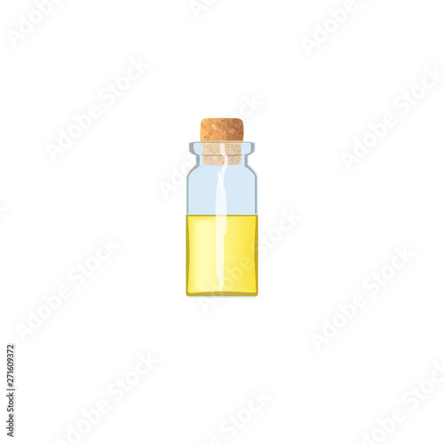 Oil empty phial with yellow liquid and cork, tranparent icy-white vial, scent bottle, medicine bottle