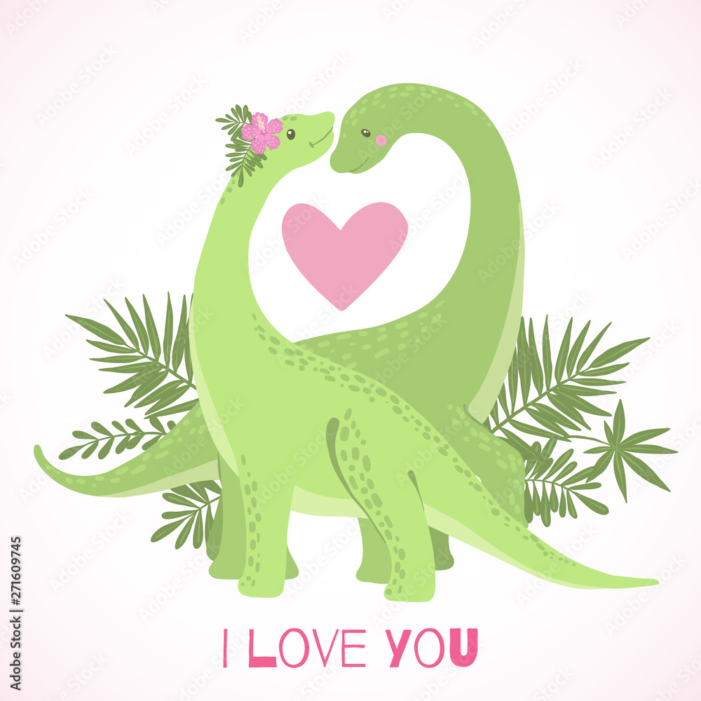 Obraz premium Cute cartoon dinosaurs in Love isolated on white.