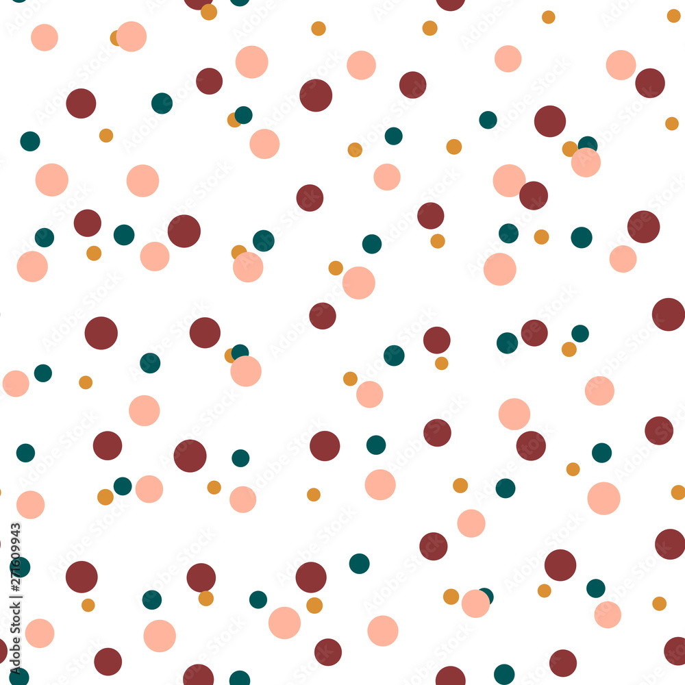 Messy dots on white background. Colorful festive seamless pattern with round shapes. Grunge dotted texture for wrapping paper, web. Vector illustration. 